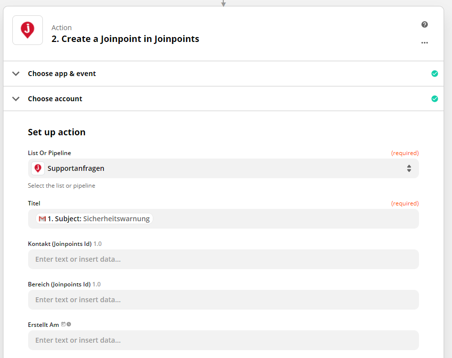 Konfiguration Joinpoints Zapier Action